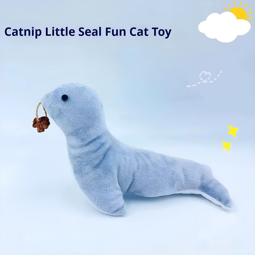 Blue sea lion plush cat toy with bell sound, catnip filling and gall fruit grinding surface