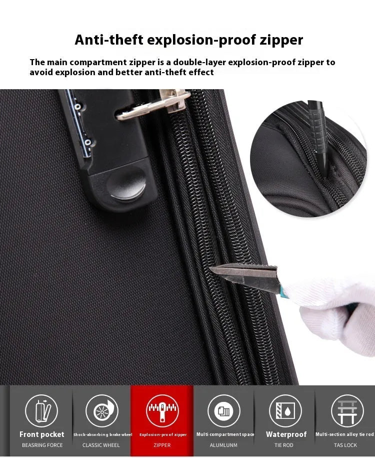 18-inch black Oxford cloth cabin suitcase with telescopic handle and wheels.