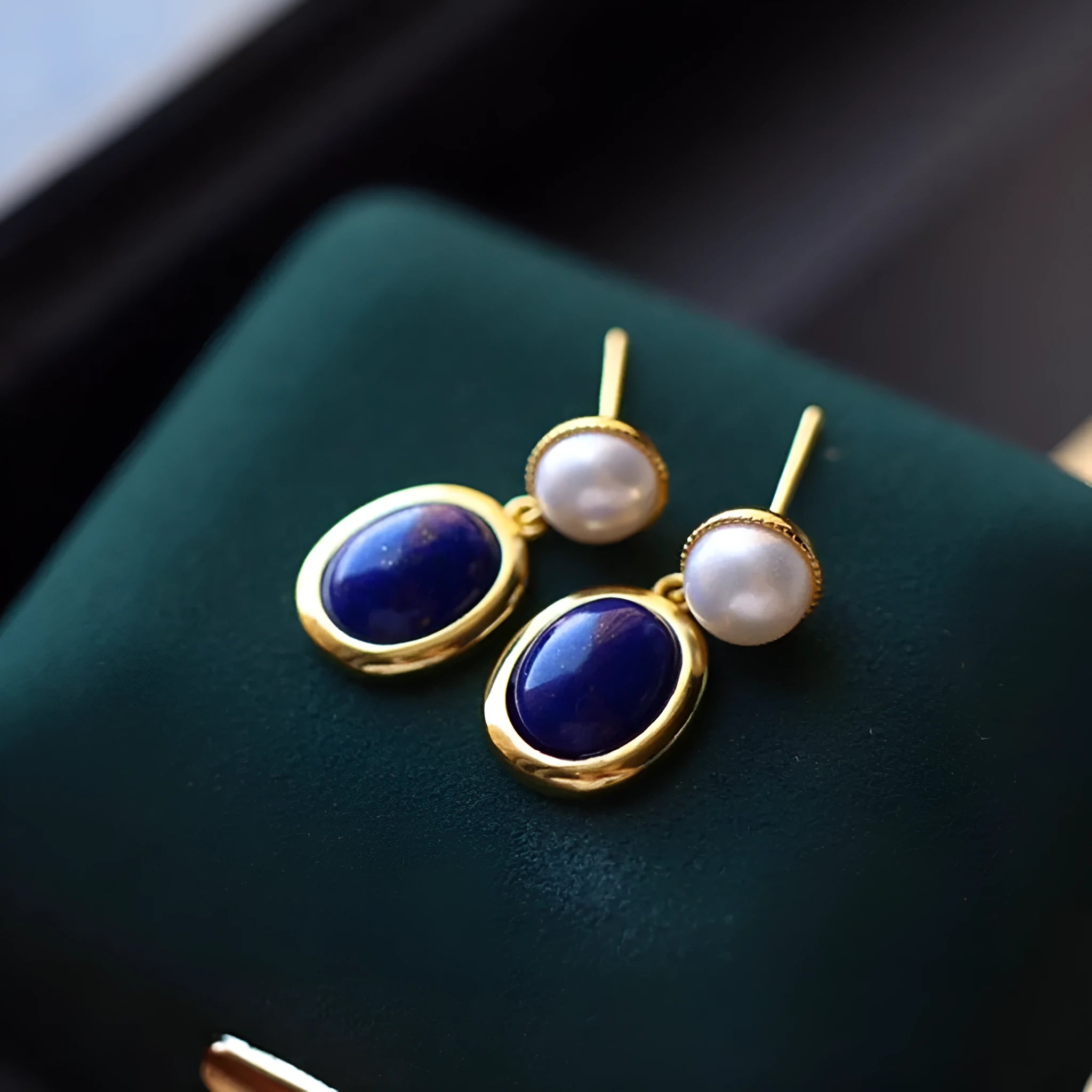 Lapis lazuli pearl drop earrings in 925 silver setting with auspicious patterns