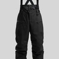 Men's black waterproof linen ski pants with flame retardant function on a size chart.