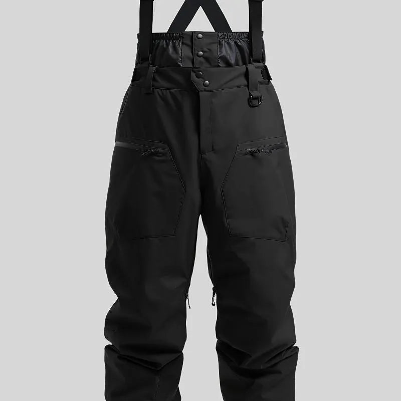 Men's black waterproof linen ski pants with flame retardant function on a size chart.