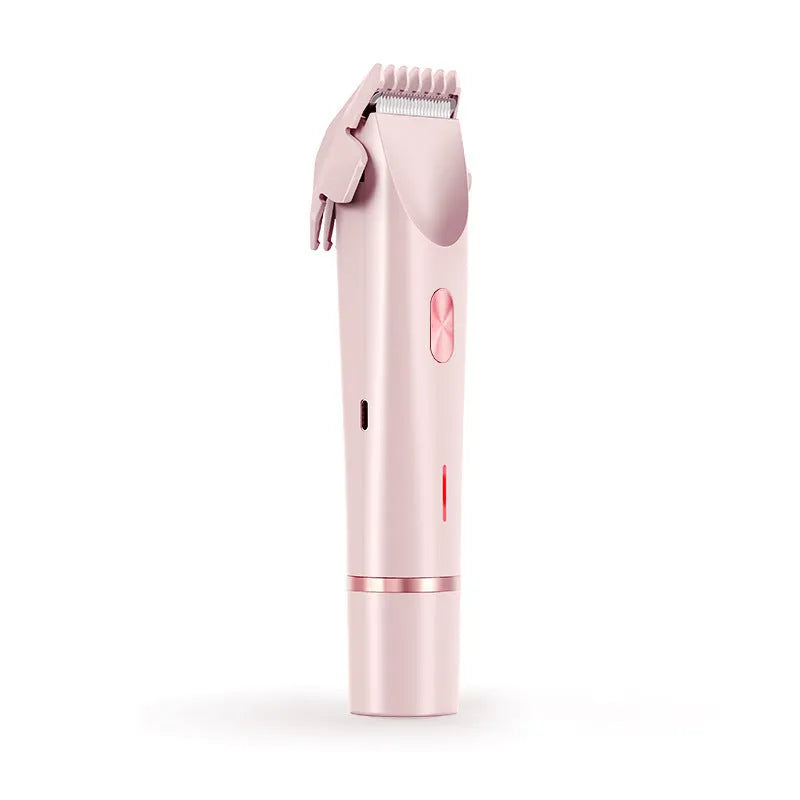 Pink women's electric body hair trimmer and shaver with USB cable on a white background