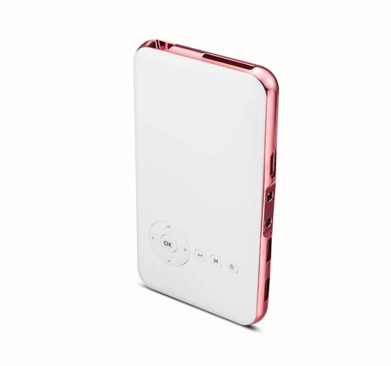 White and rose gold M6S miniature portable Android smart DLP projector on a surface.