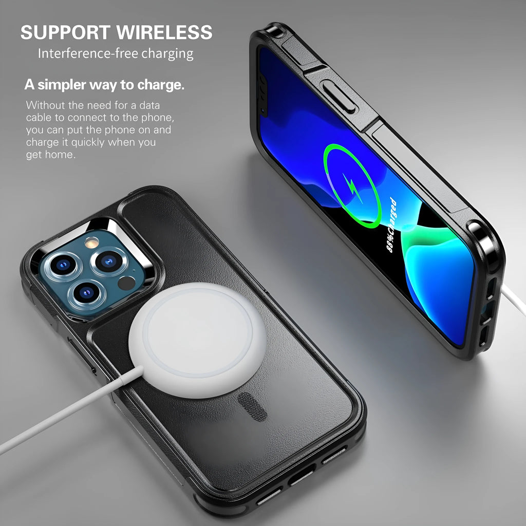 Black shatterproof magnetic phone case for iPhone 12 and 13 Pro models showing dimensions and material details