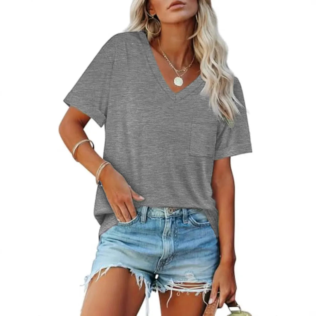 Grey loose fit V-neck short sleeve T-shirt with a front chest pocket on a hanger.