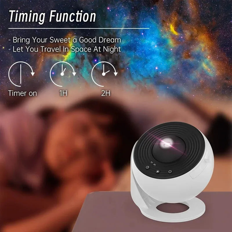 Black and white galaxy projector night light with 360-degree rotation, showing a starry sky film projection on a ceiling