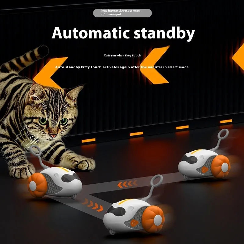 Blue remote control cat toy car with feather attachment for interactive pet play