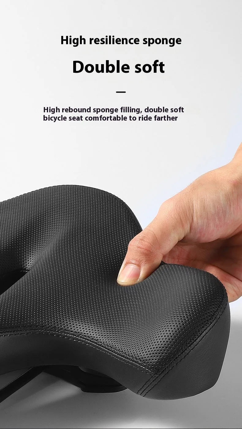 Black bicycle saddle cushion with thickened foam padding for shock absorption.