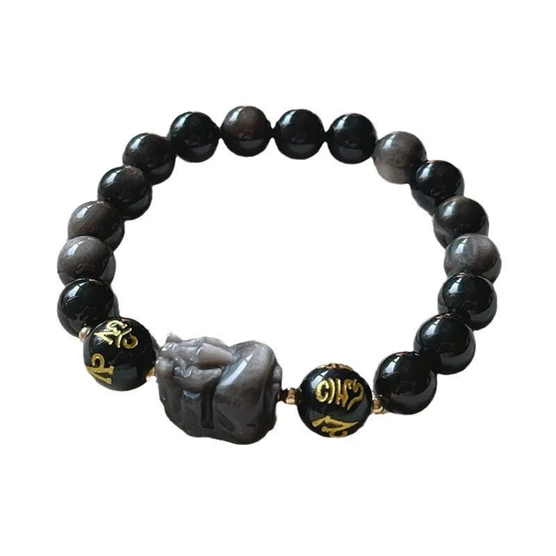 Natural silver stone men's bracelet with zodiac symbols and proverb beads