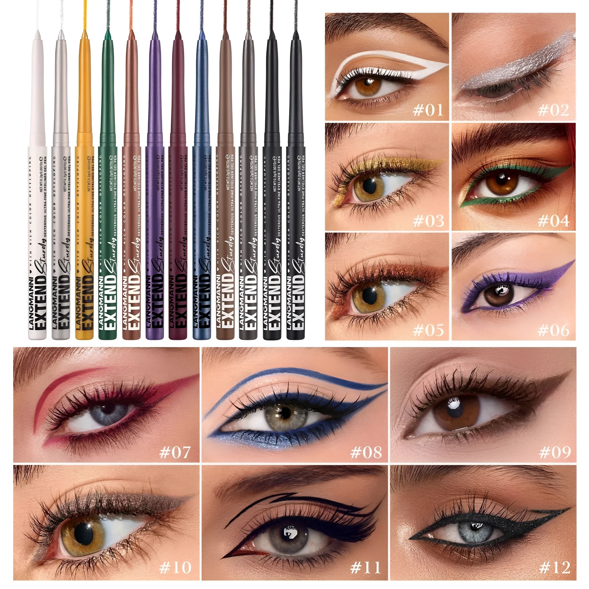 Set of 12 colourful gel glitter eyeliner pencils in vibrant shades for waterproof party and cosplay makeup