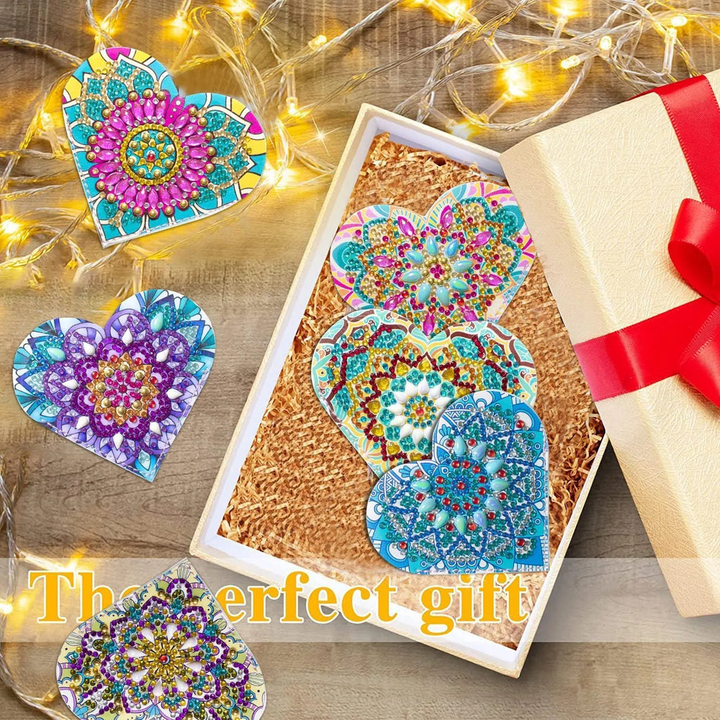 Set of six handmade PU leather cornerite bookmarks with stick-on crystal flower designs.