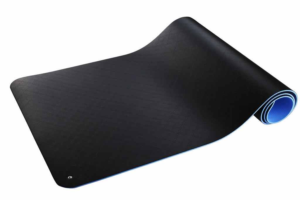 Blue conductive grounding yoga mat with floral pattern, showing grounding wire and 182cm x 61cm x 5mm dimensions.