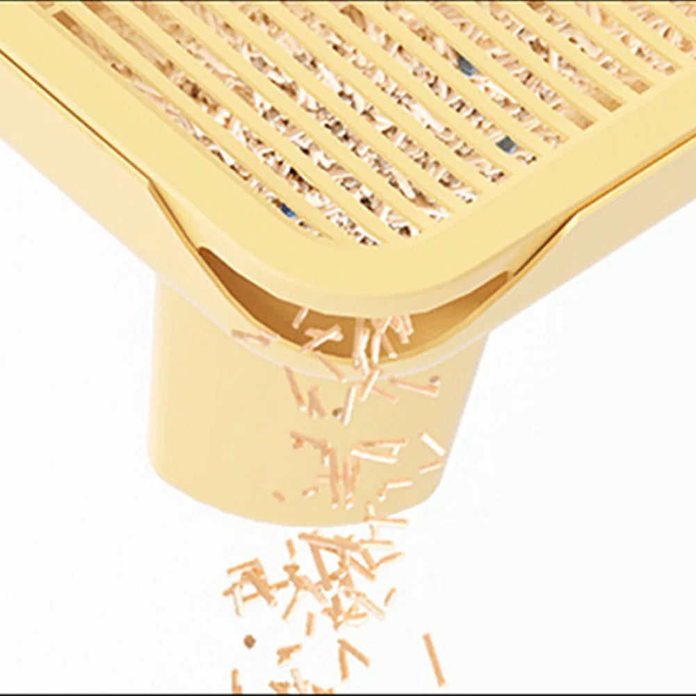 Milk yellow double-layer cat litter mat with anti-slip silicone feet on a floor