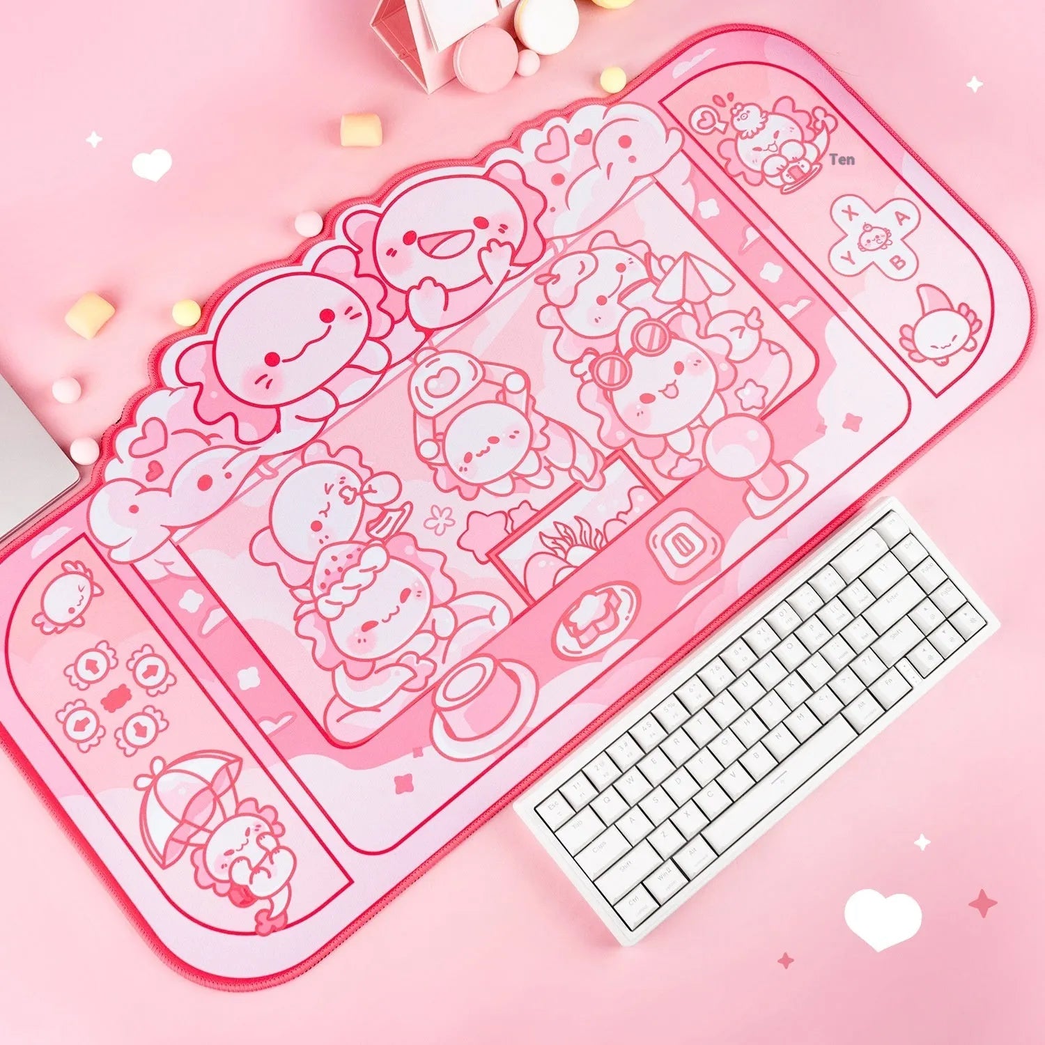 Hexagonal dragon crane machine cartoon anime design on a large 75x40cm cloth mouse pad with wrist support.