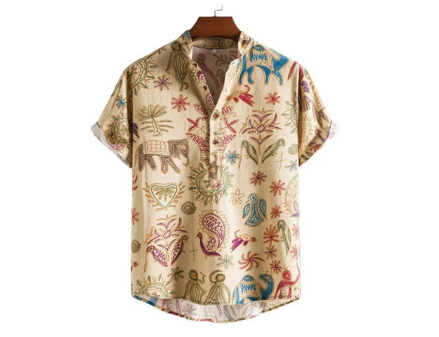 Man wearing a plus size casual shirt with a 3D digital print pattern, showing its loose cardigan style.