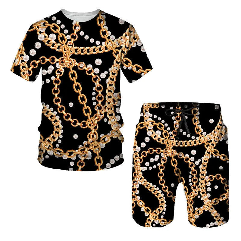 Chain pattern digital printed short sleeve T-shirt and shorts suit set in polyester fabric