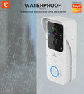 Smart home waterproof visual doorbell with camera and 18650 battery, shown in black and white doodle board designs.
