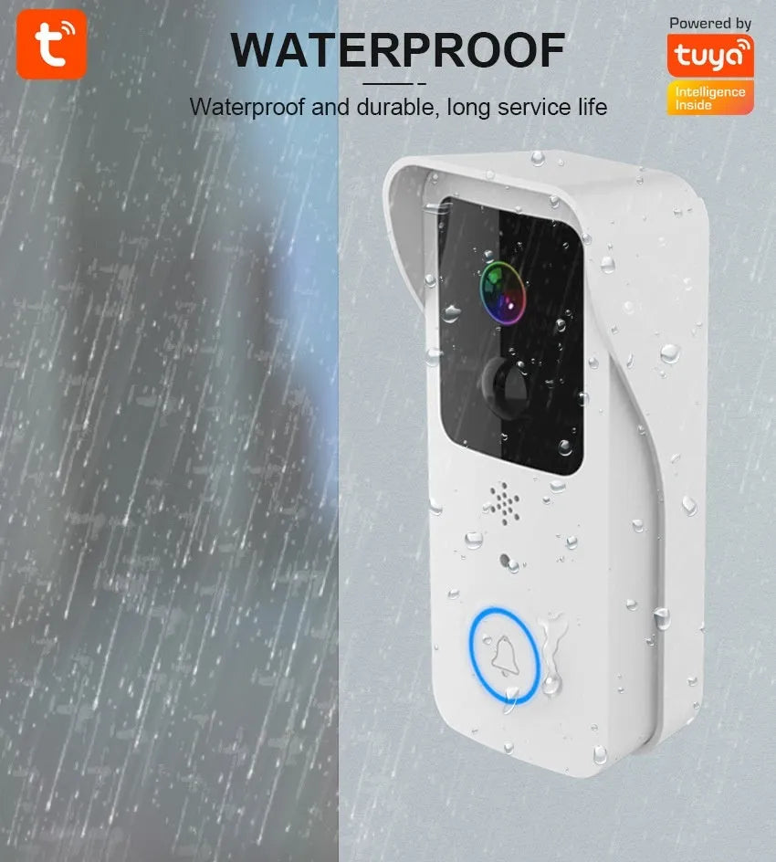 Smart home waterproof visual doorbell with camera and 18650 battery, shown in black and white doodle board designs.