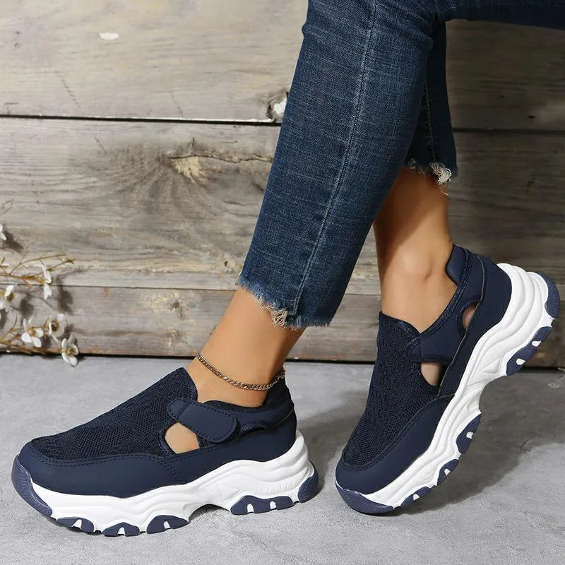 Women's mesh sport shoes with flat heel, round toe, Velcro fastening, and breathable mesh upper in solid colour