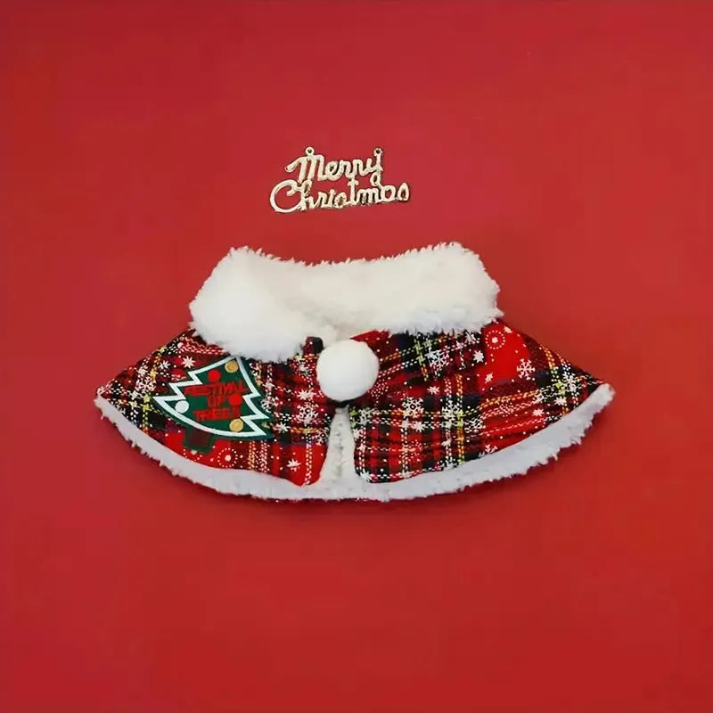 Red background pet Christmas cloak with bell design, shown on a dog, with adjustable scarf length.