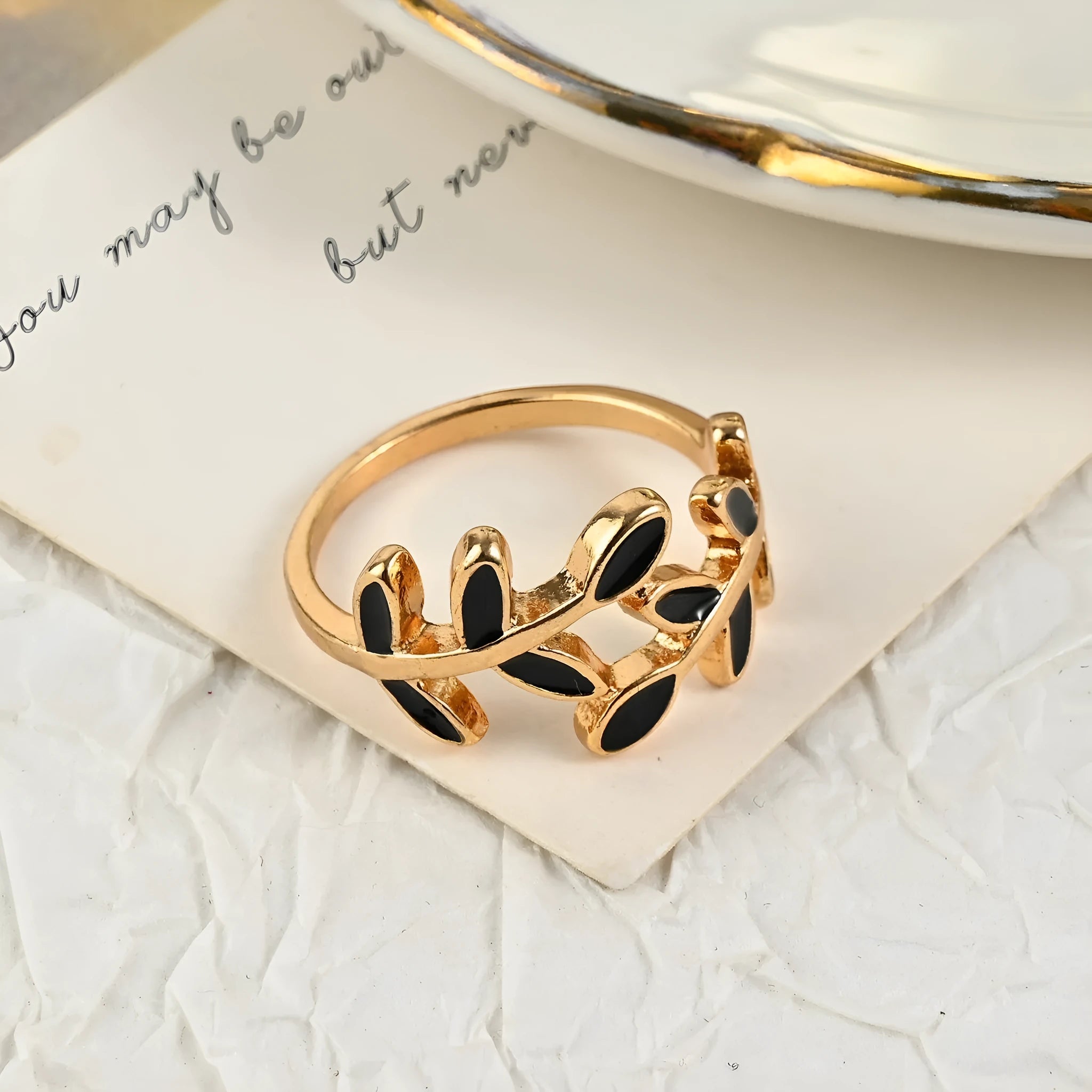 Gold electroplated geometric leaf ring with floral elements for women's index finger