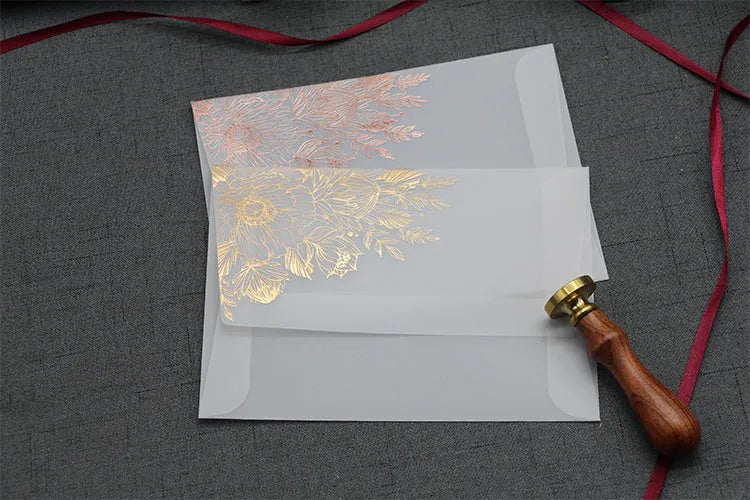 Sulphuric acid paper invitation cards with bronzing matte varnish in gold and rose gold colours