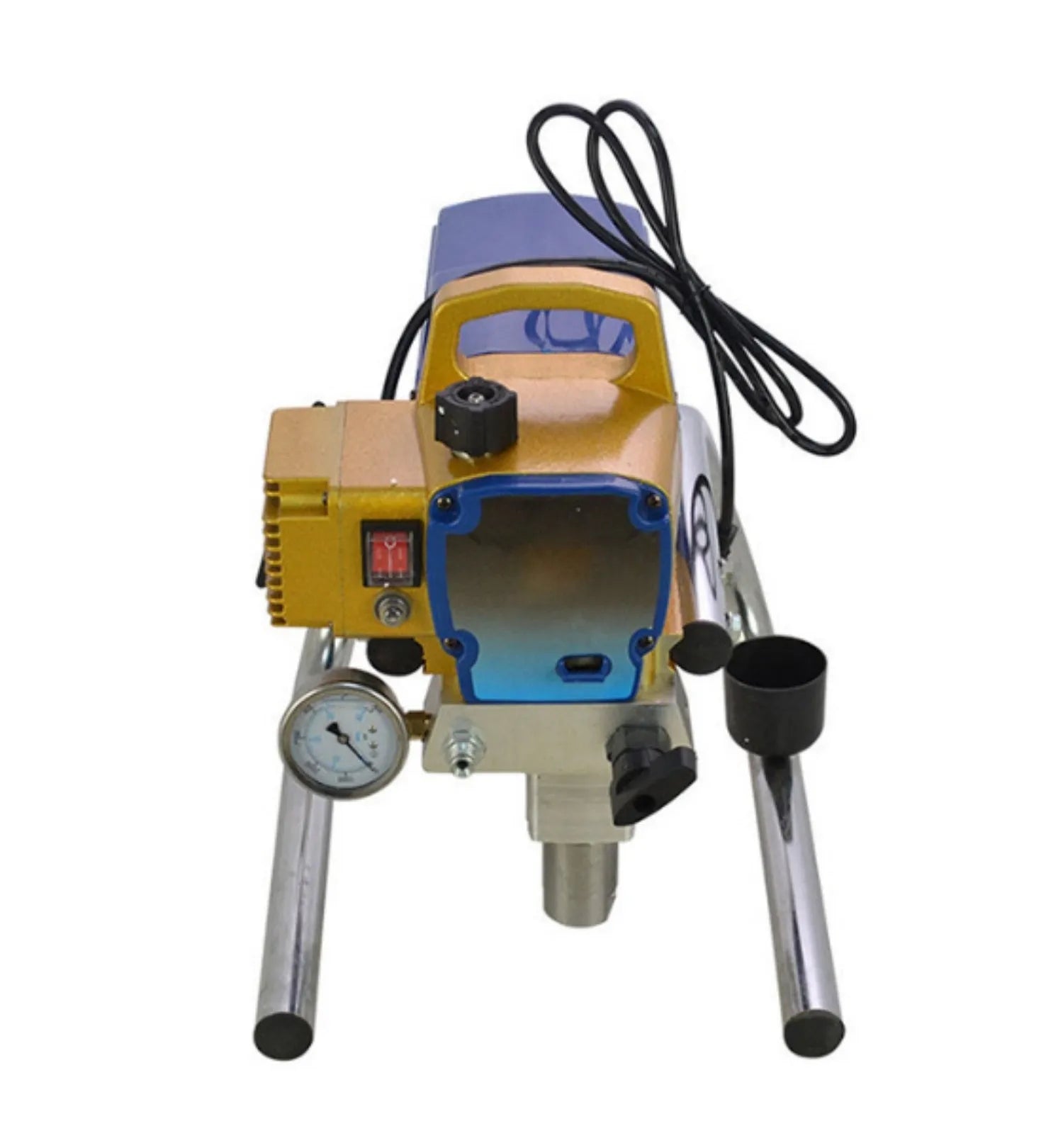 Blue portable electric airless spraying machine with spray gun, hose, and accessories on a workbench.