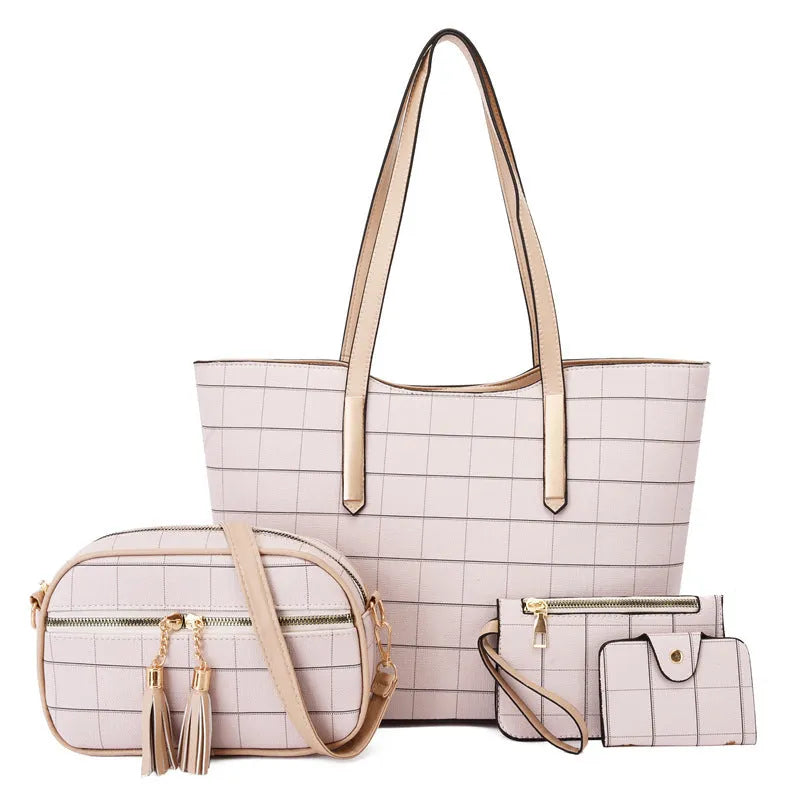 Korean fashion four-piece bag set in black with cartoon anime pattern and sewing thread detail on cross square PU tote bag