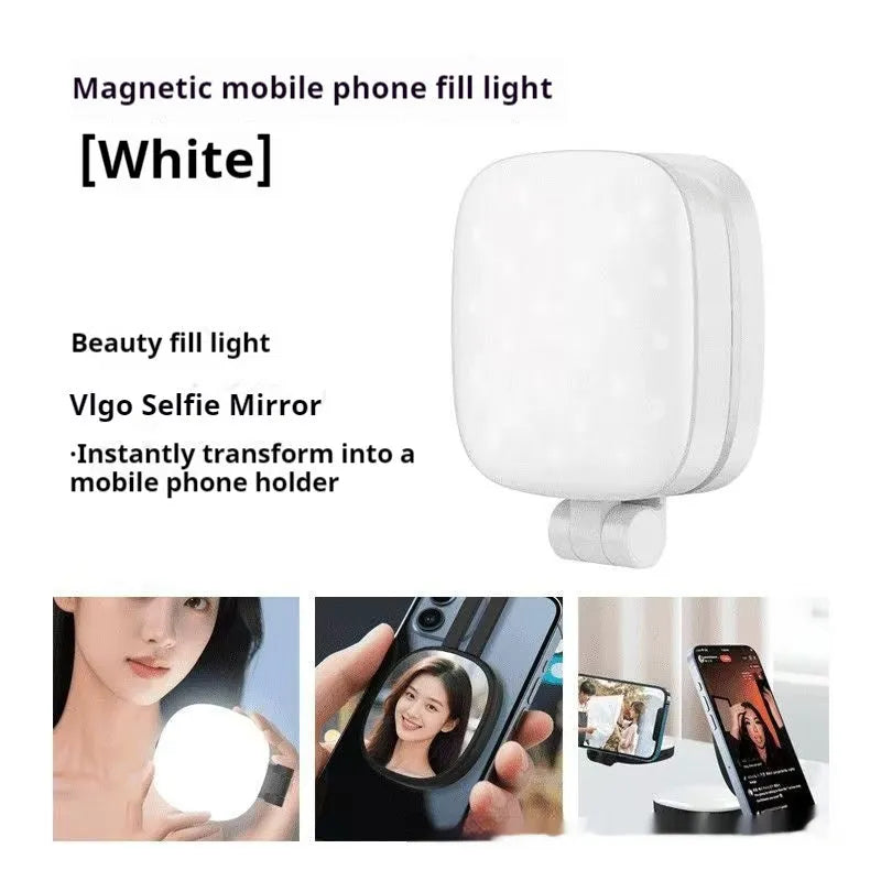 Mini mobile phone fill light with magnetic attachment showing black and white colour options