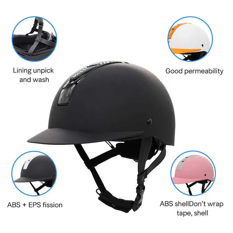 Lightweight black and silver equestrian riding helmet on a white background.