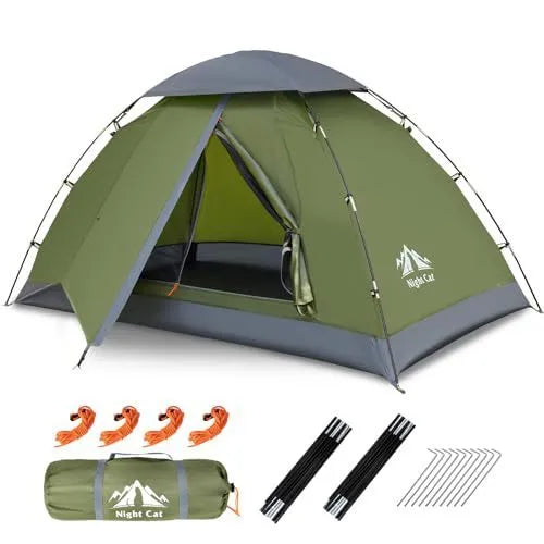 Dark green automatic pop-up camping tent with two-person capacity showing compact dimensions