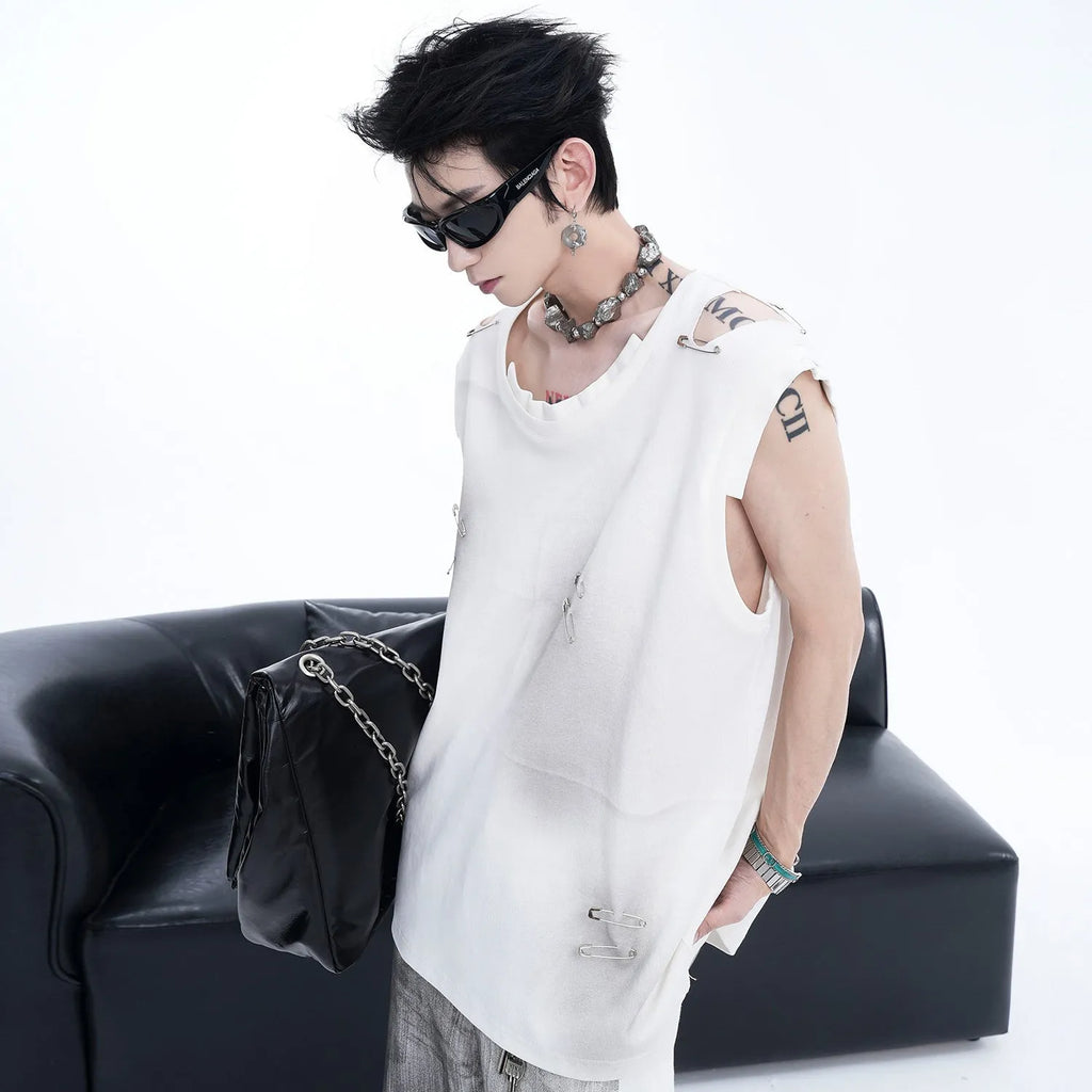 Men's black sleeveless waistcoat vest with irregular cutting and ripped design details