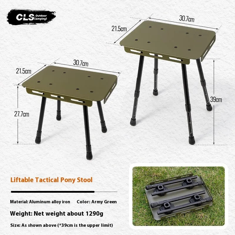 CLS aluminium dual-use camping stool shown in table mode with PU mat cushion, beside its storage bag.