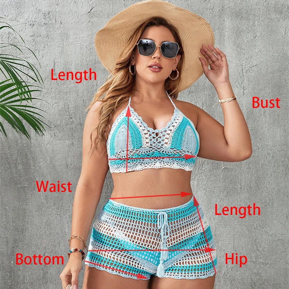 Blue women's plus size hollow out strap split swimsuit briefs on a white background.