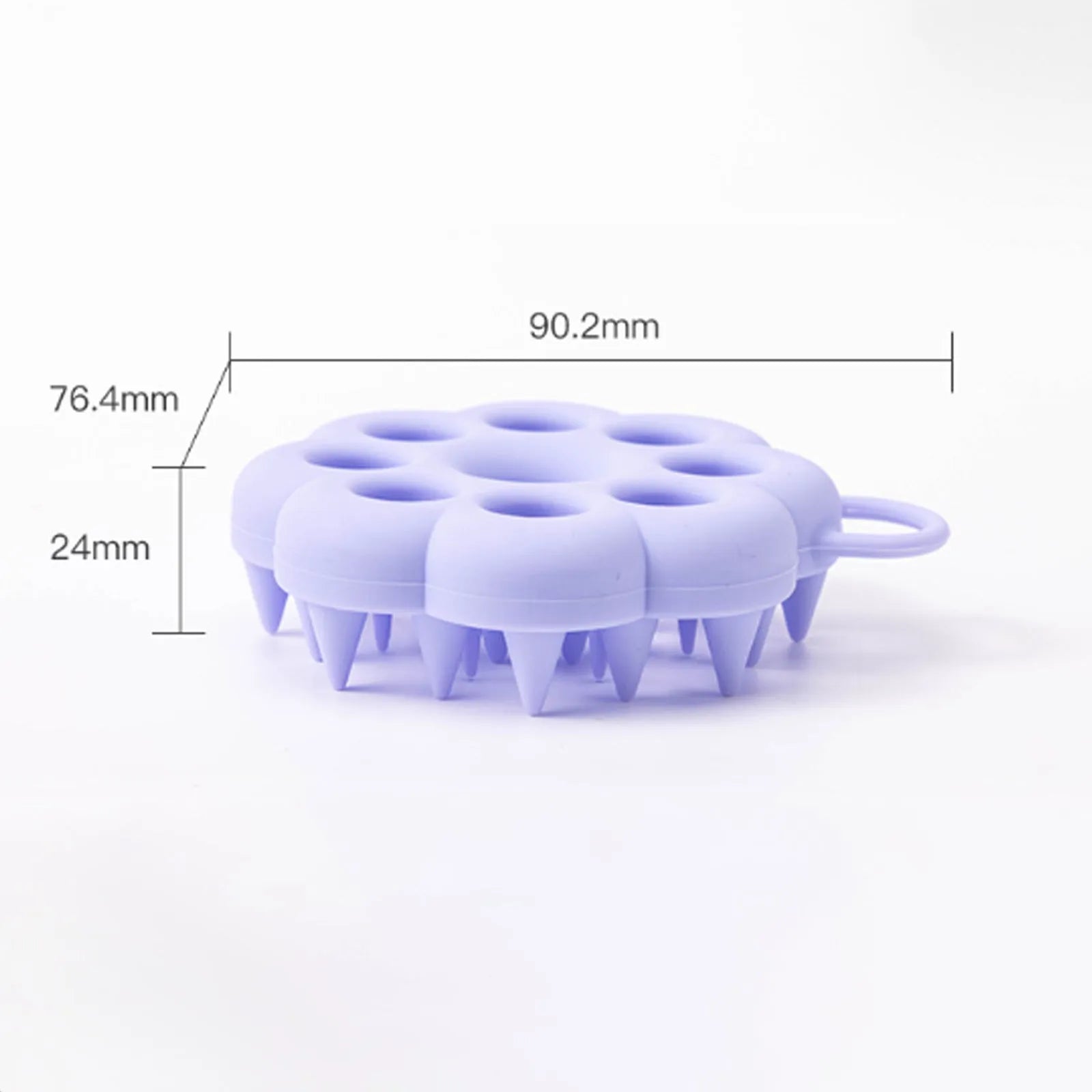 Blue silicone pet grooming brush with soft pins and ergonomic handle for wet or dry use.