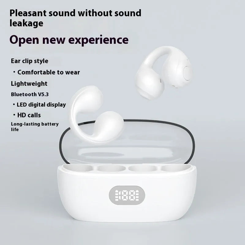 Large power clip-on wireless sports earphones in black with bone conduction and digital display