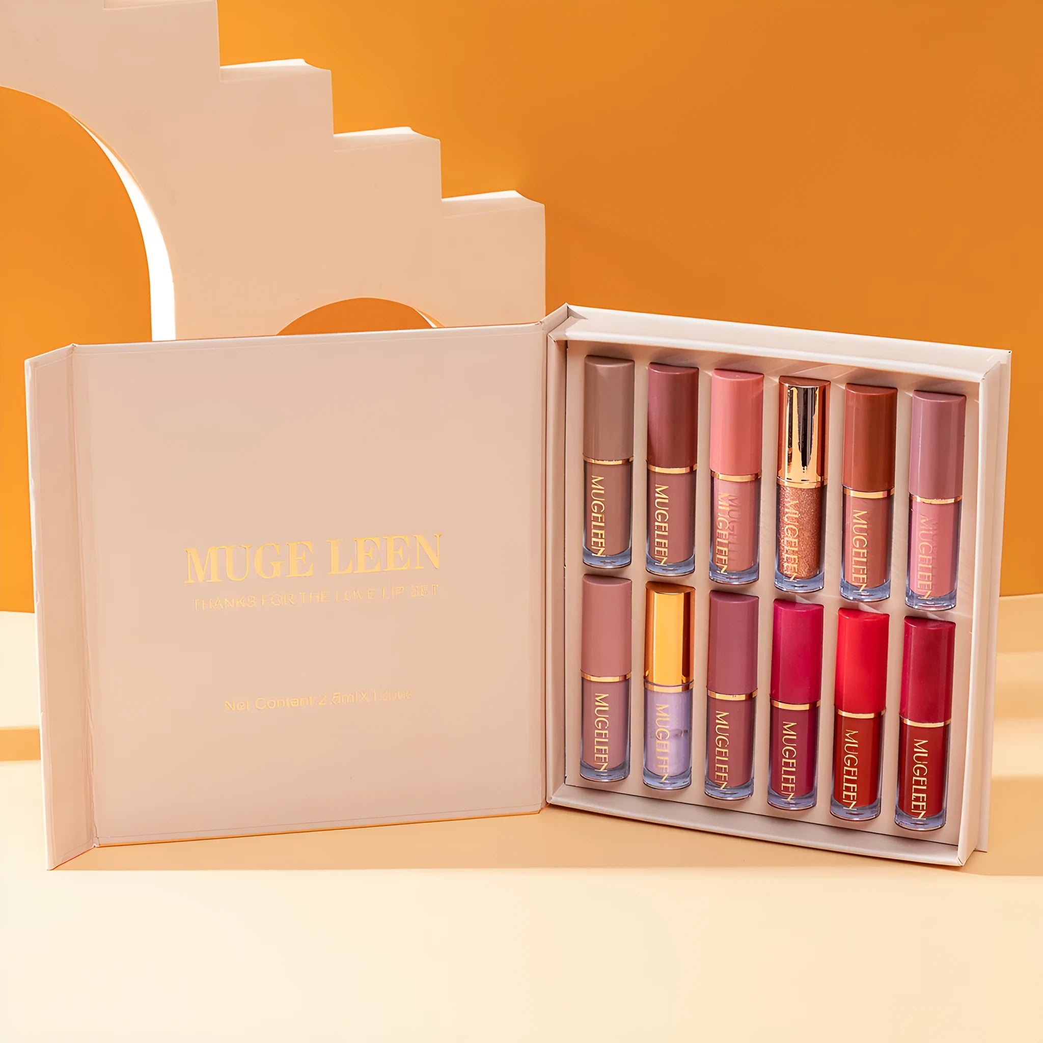 Matte shimmer lip glaze set with 12 lipsticks in nonstick cup packaging