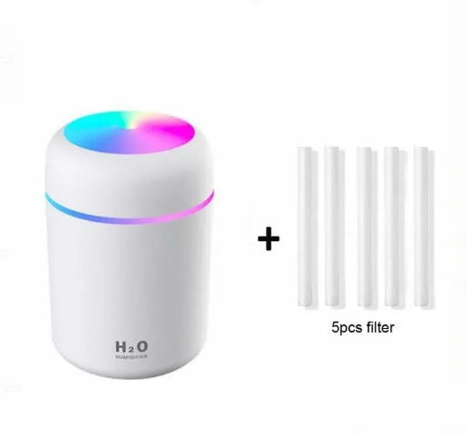 Pink car USB humidifier with LED lights showing water tank and control button