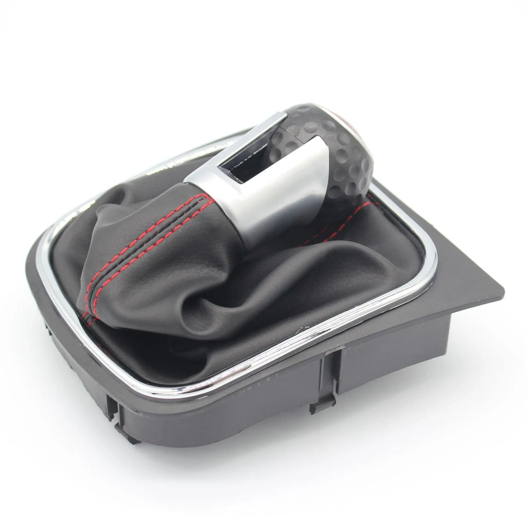 Leather gear shift knob with attached dust boot for Volkswagen Golf manual transmission.