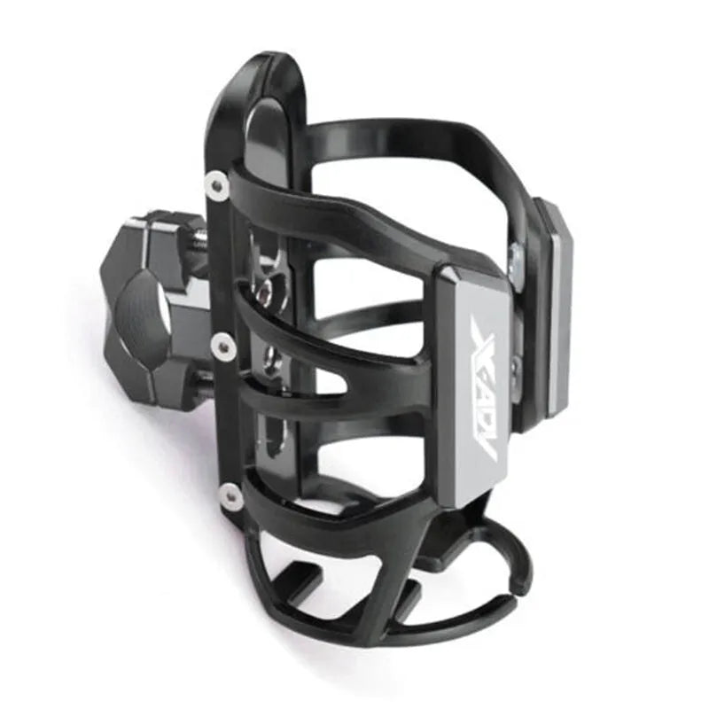 Black modified water bottle cage mounted on a Honda X-ADV scooter bumper.