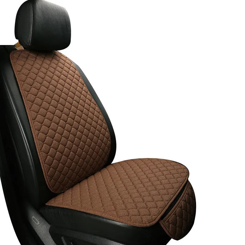 Linen car seat cushion with removable elastic straps shown in multiple colour options including warm cream, coffee, and Lafite red