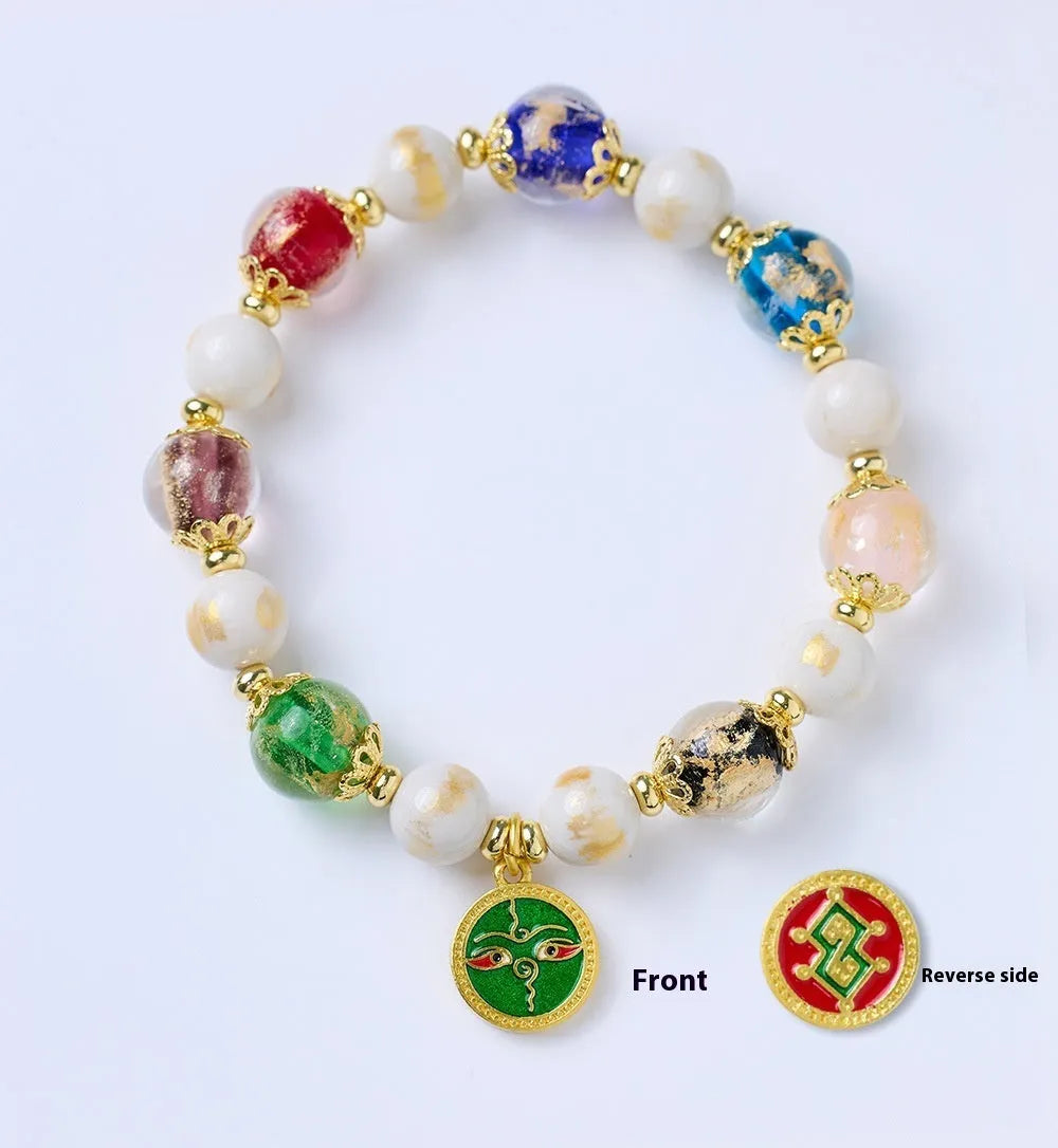 Handmade fragrant gray porcelain glaze bracelet with Five Gods of Wealth motif and geometric 10mm glass beads