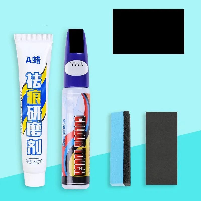 Automotive paint repair pen kit with touch-up fluid, wax, sponge, and sandpaper for car scratch repair.