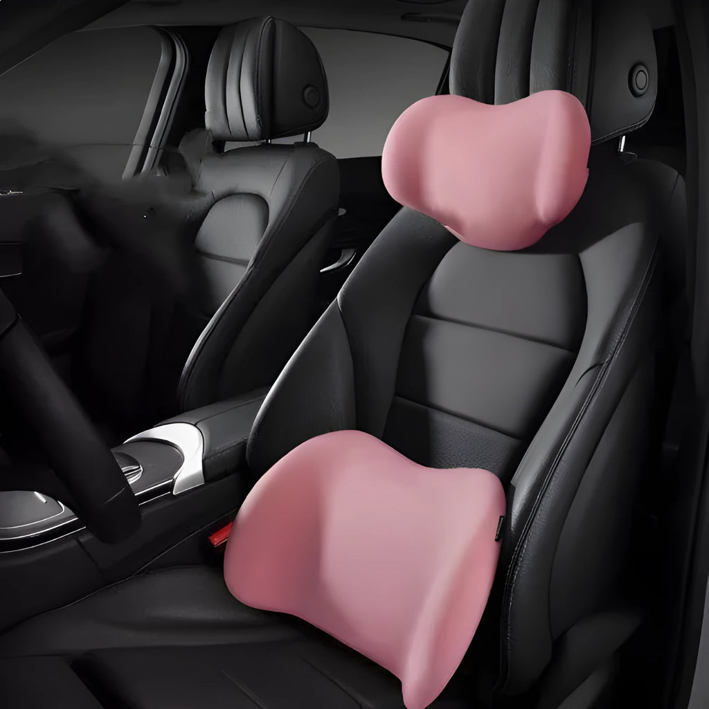 Memory cotton car cushion set showing separate headrest and lumbar support pieces in available colours