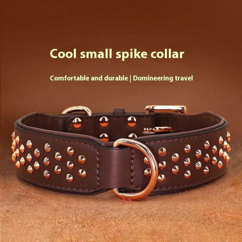 Black leather dog collar with metal rivets and buckle for large adult dogs