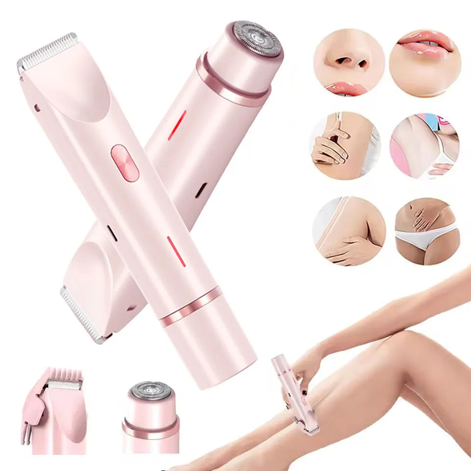 Pink women's electric body hair trimmer and shaver with USB cable on a white background