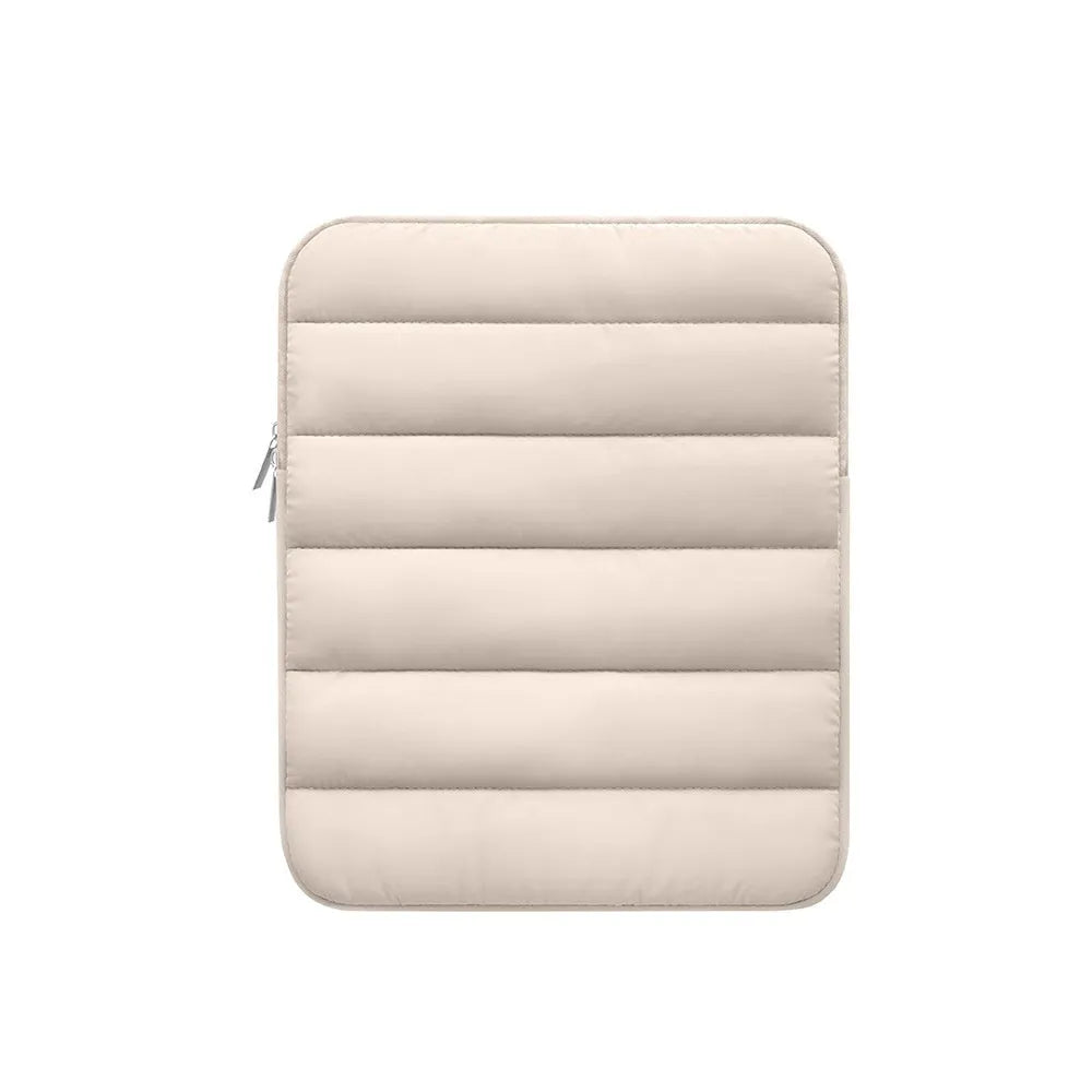 Fluffy air puff laptop sleeve with elastic sides for 9.7 to 11 inch devices in black, khaki, or silver