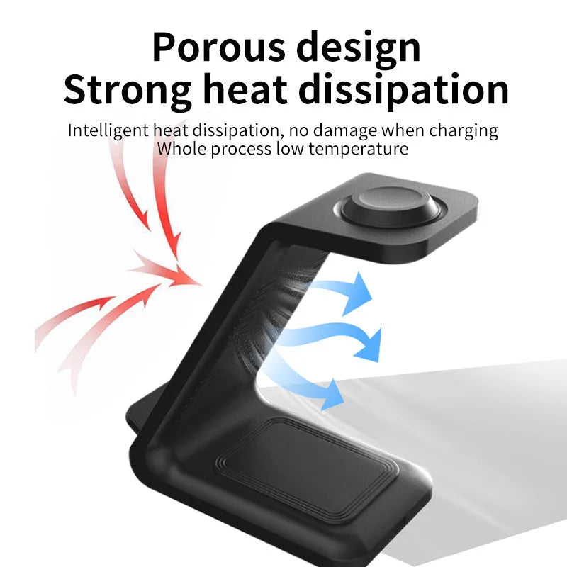 White 3-in-1 upright mobile phone holder and wireless charger with USB port on a desk.