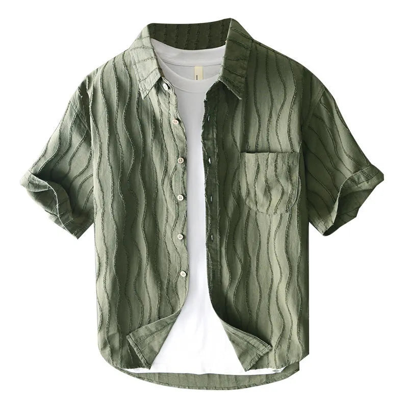 Men's apricot pure cotton casual shirt with short sleeves and a loose fit.