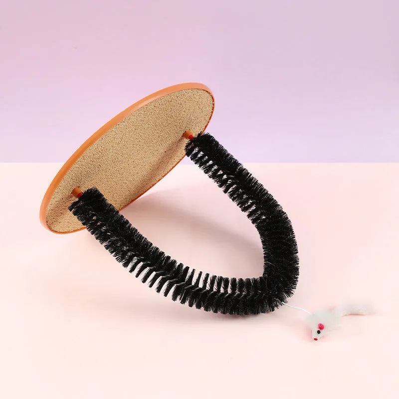 Black cat arch brush scratching post with attached plush mouse toy on non-slip base